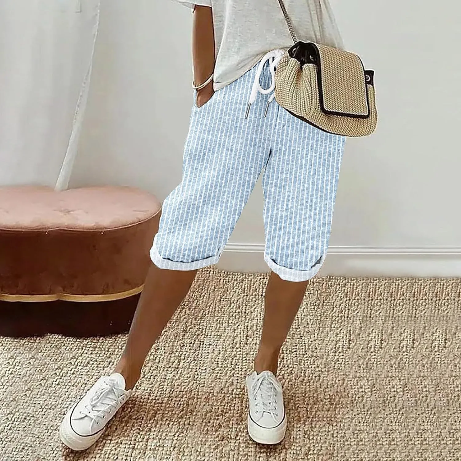Pedal Pushers for Women Knee Length Linen Casual Striped Bermuda Shorts Summer Elastic Waisted Capris with Pocket