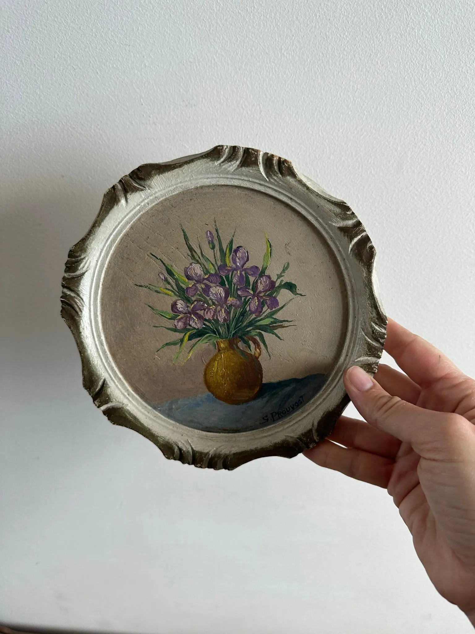 Peinture bouquet de fleurs cadre rond en bois