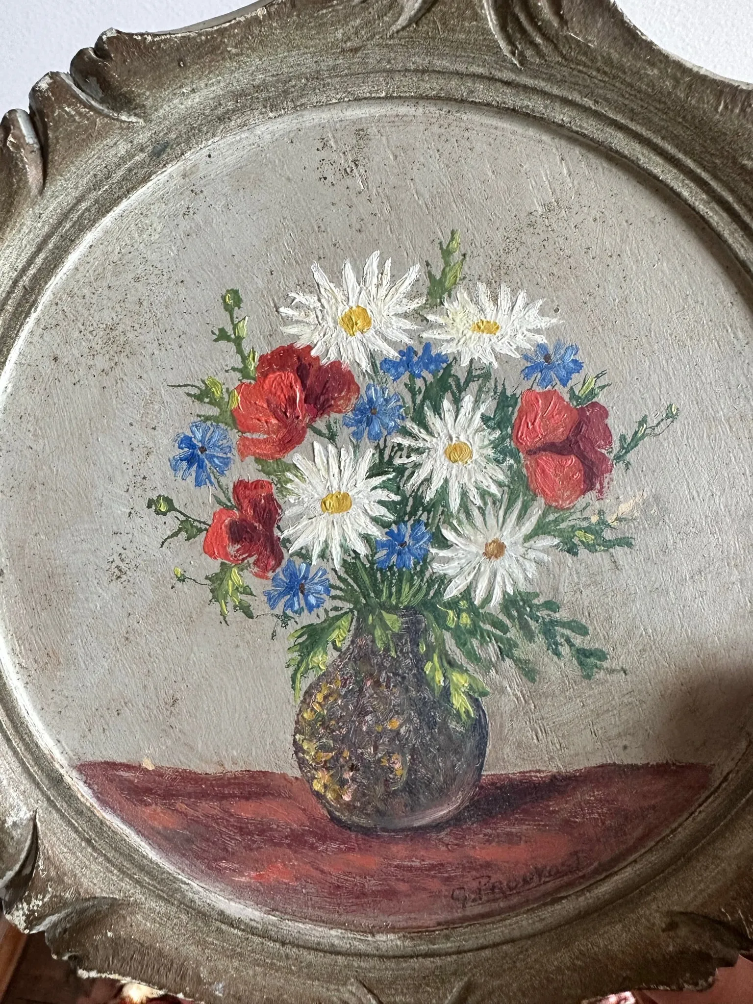 Peinture bouquet de fleurs cadre rond en bois