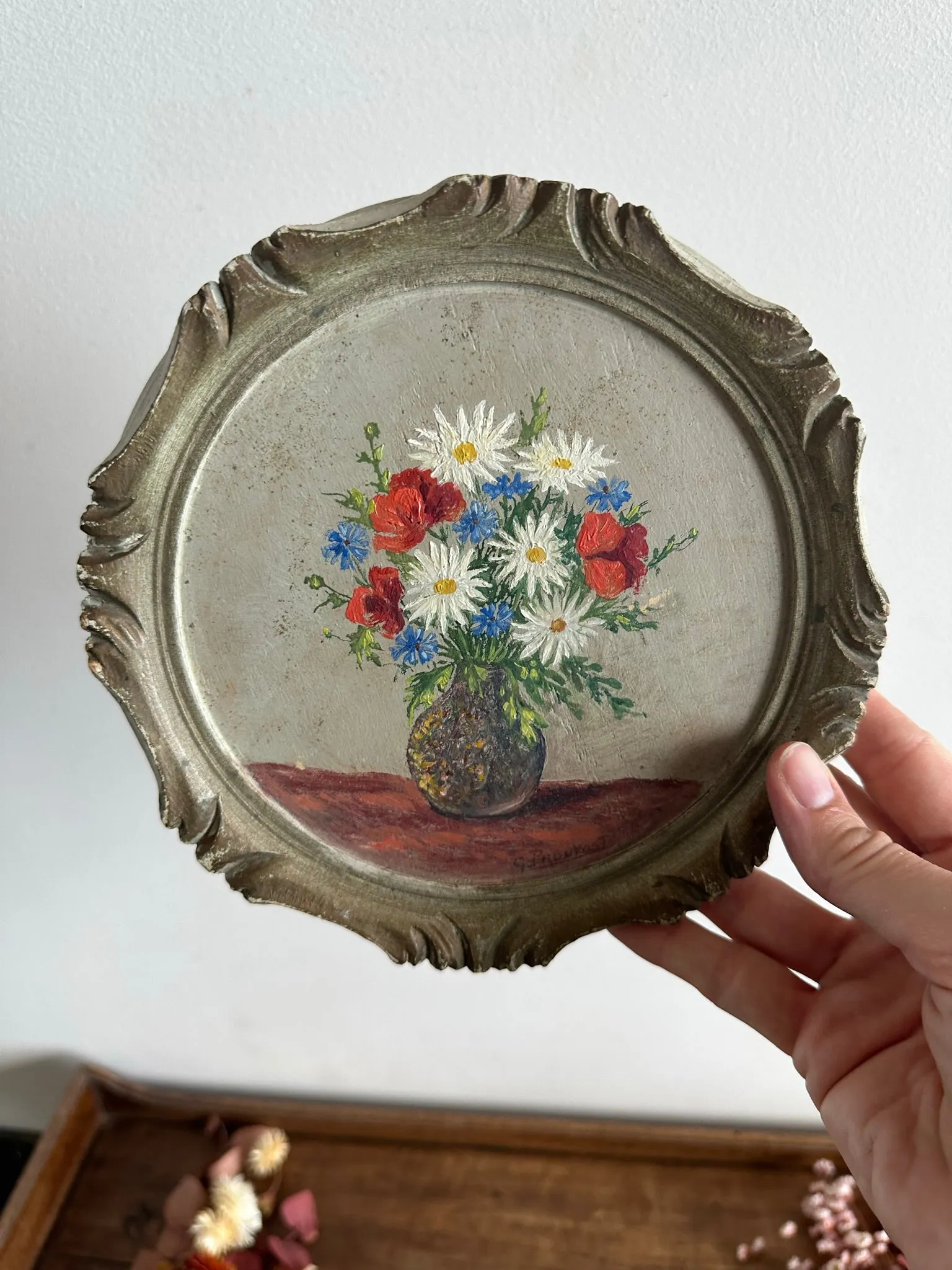 Peinture bouquet de fleurs cadre rond en bois