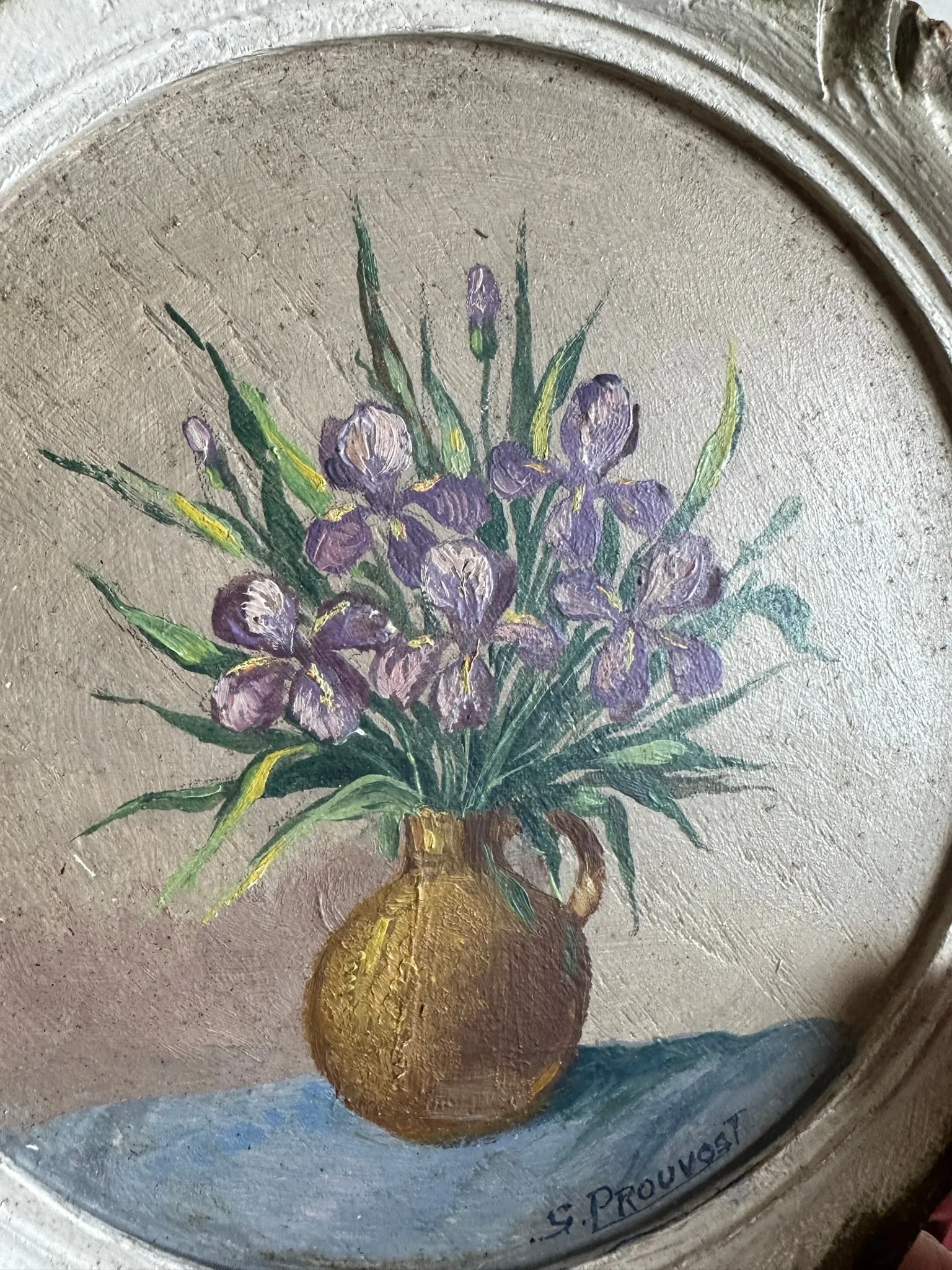 Peinture bouquet de fleurs cadre rond en bois