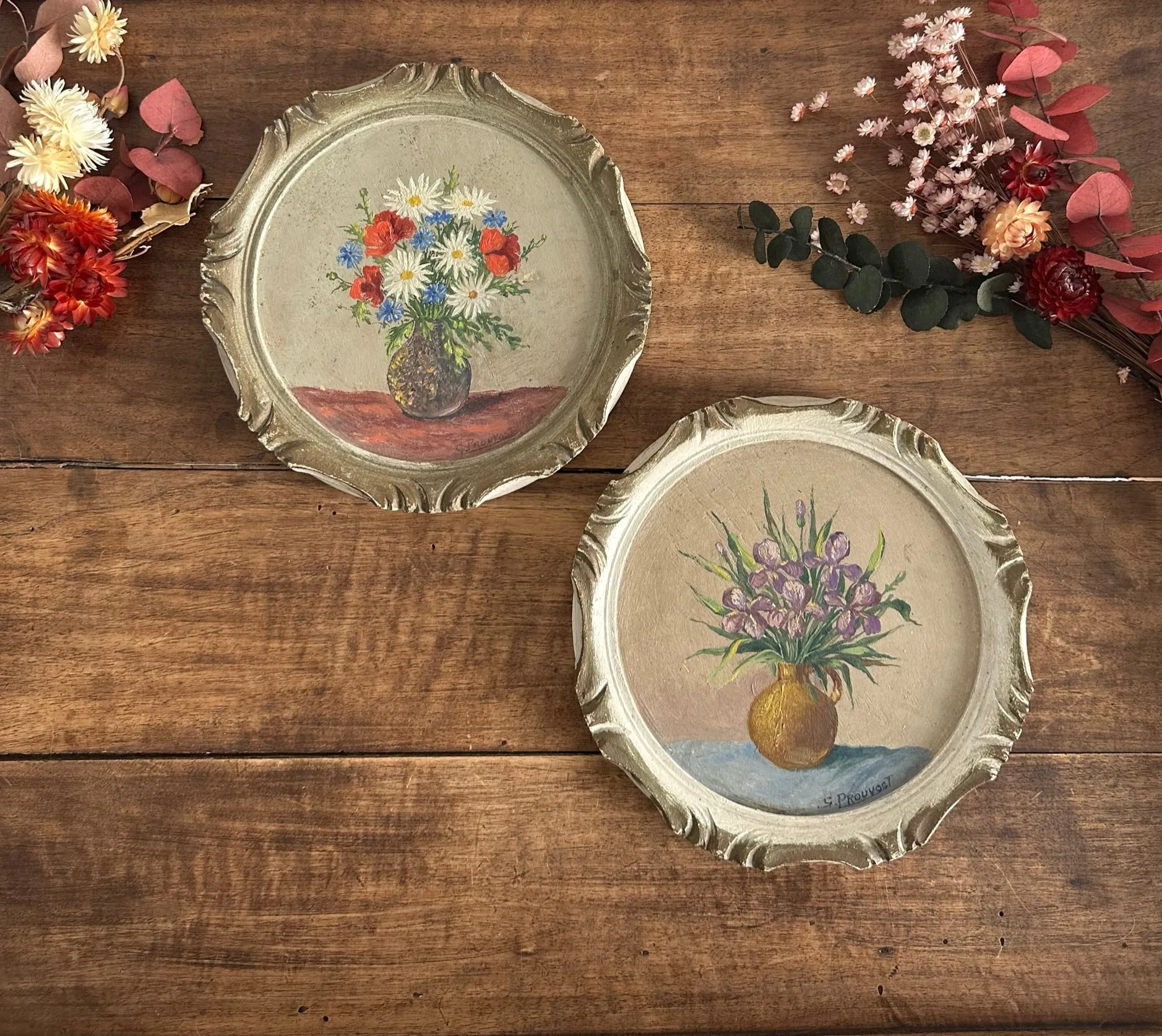 Peinture bouquet de fleurs cadre rond en bois