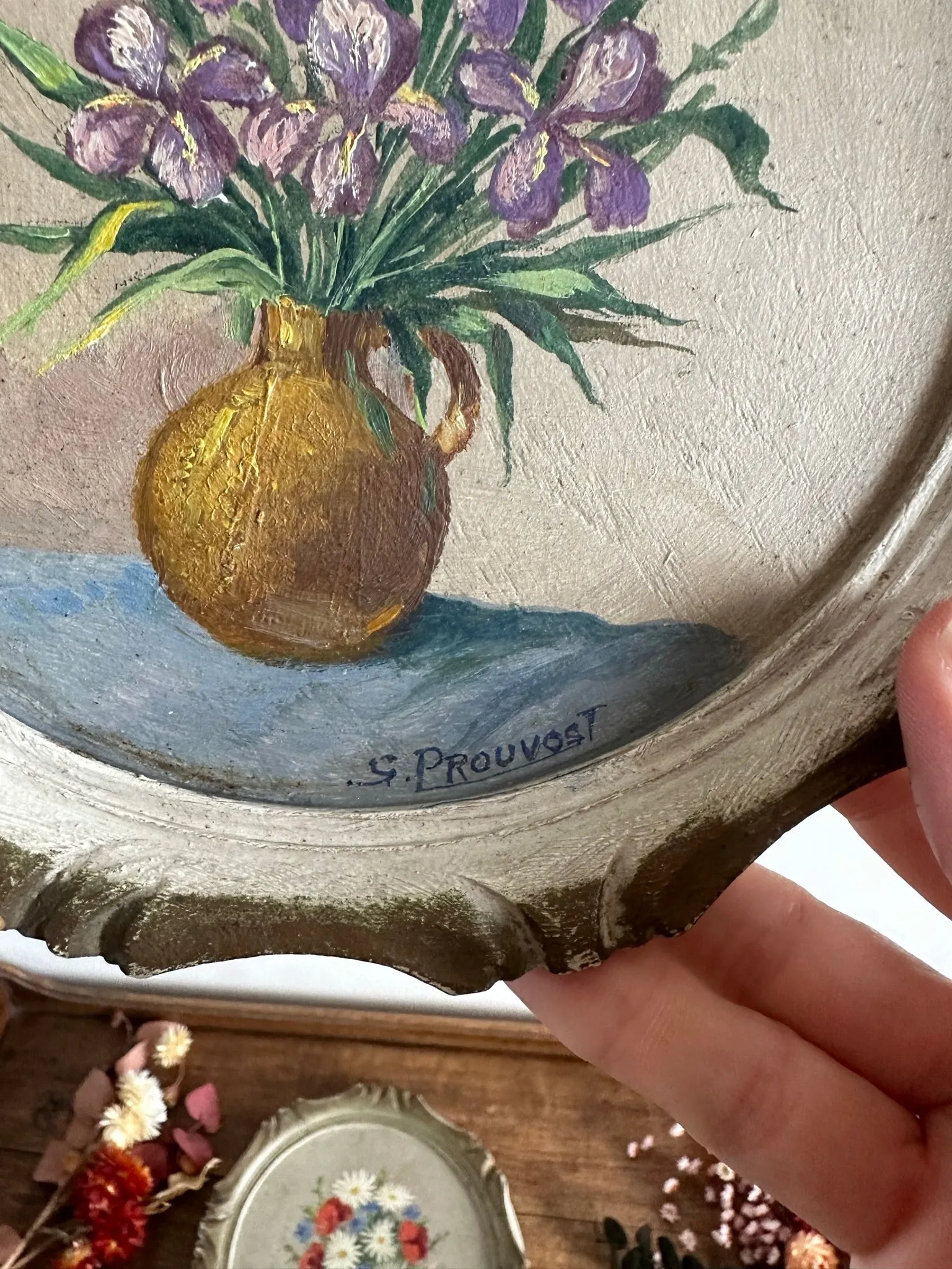 Peinture bouquet de fleurs cadre rond en bois