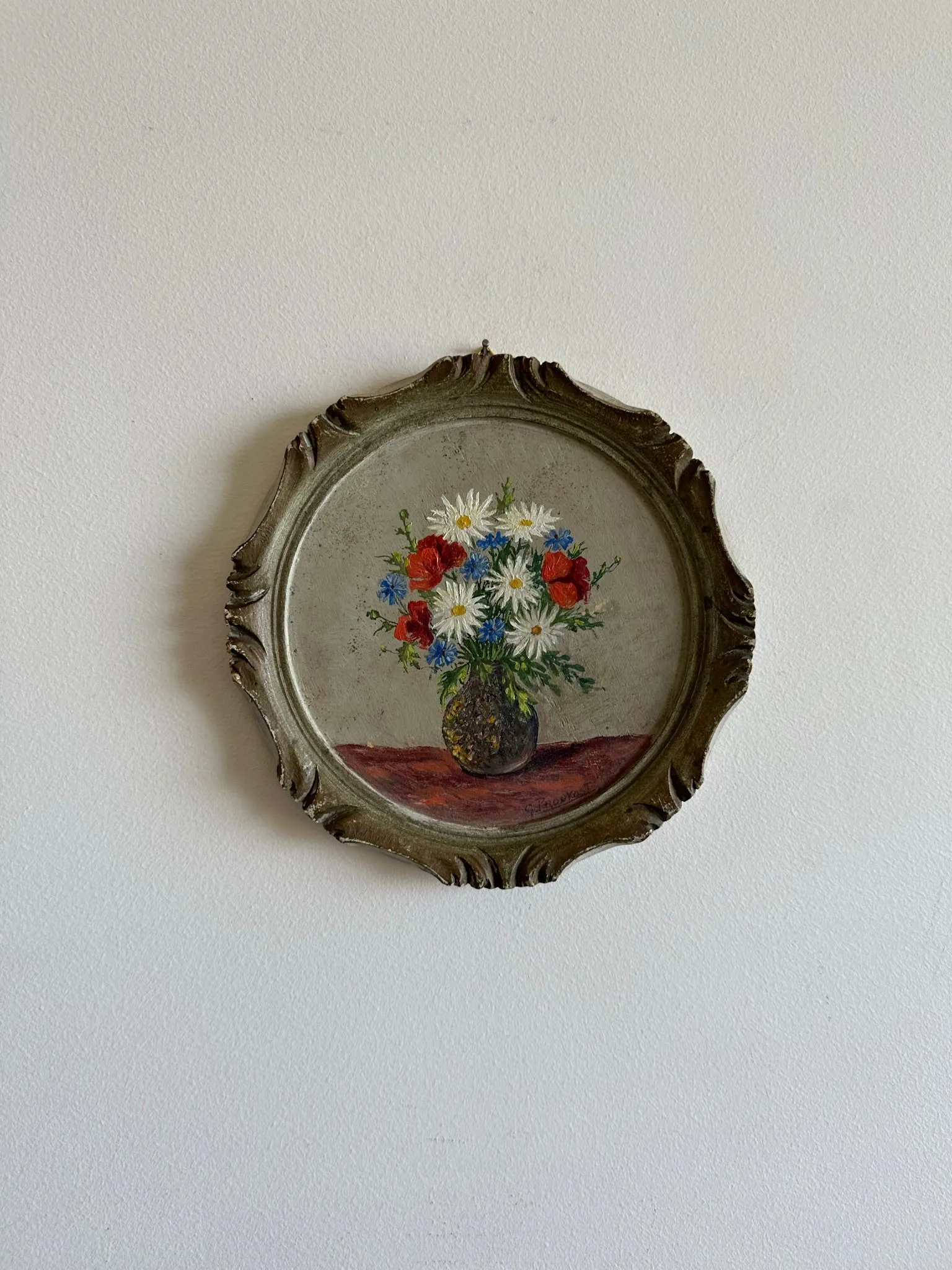 Peinture bouquet de fleurs cadre rond en bois