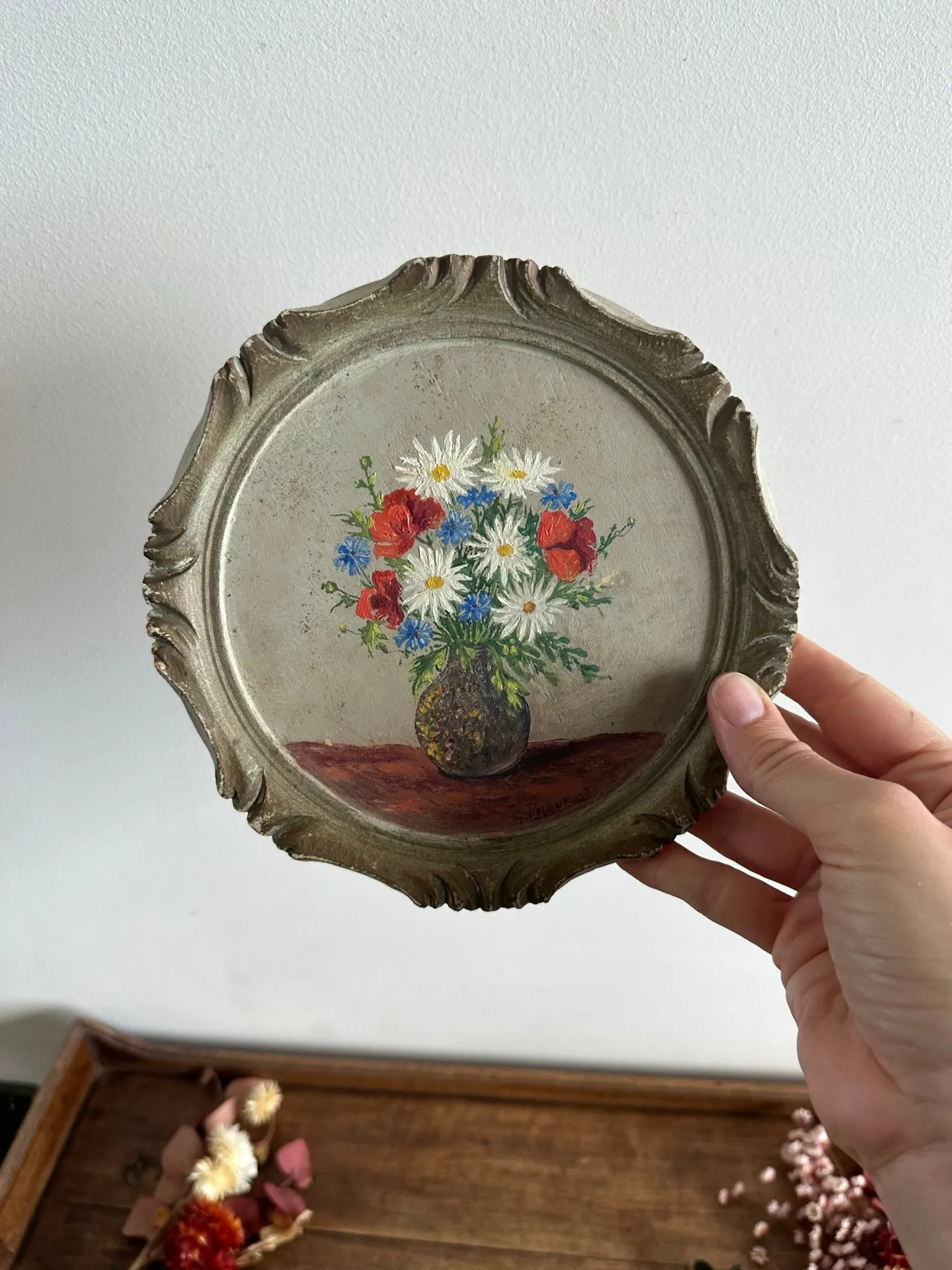 Peinture bouquet de fleurs cadre rond en bois