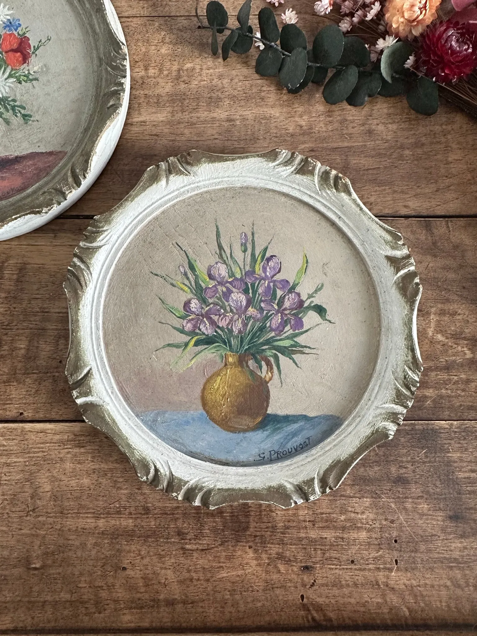Peinture bouquet de fleurs cadre rond en bois