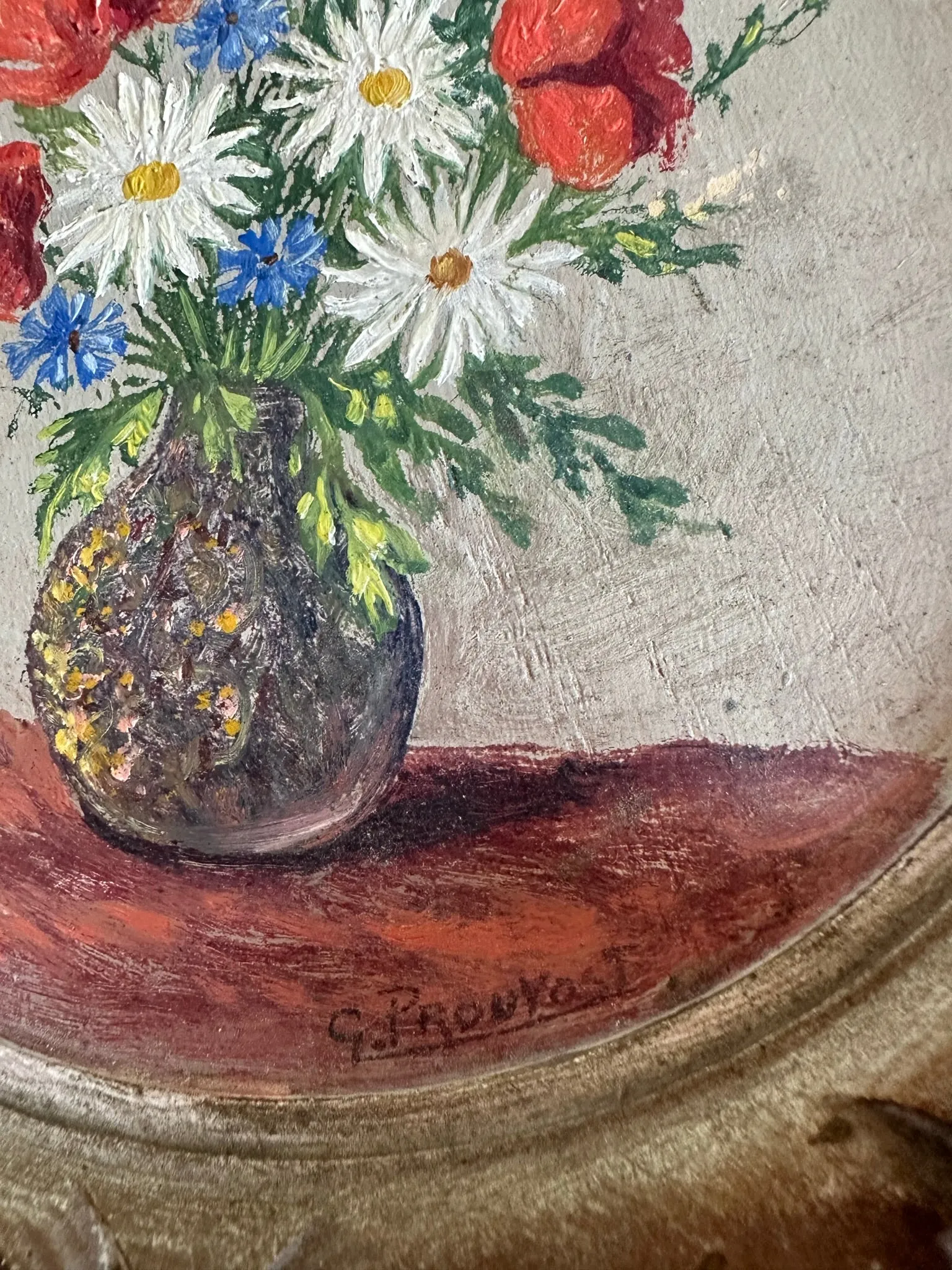 Peinture bouquet de fleurs cadre rond en bois