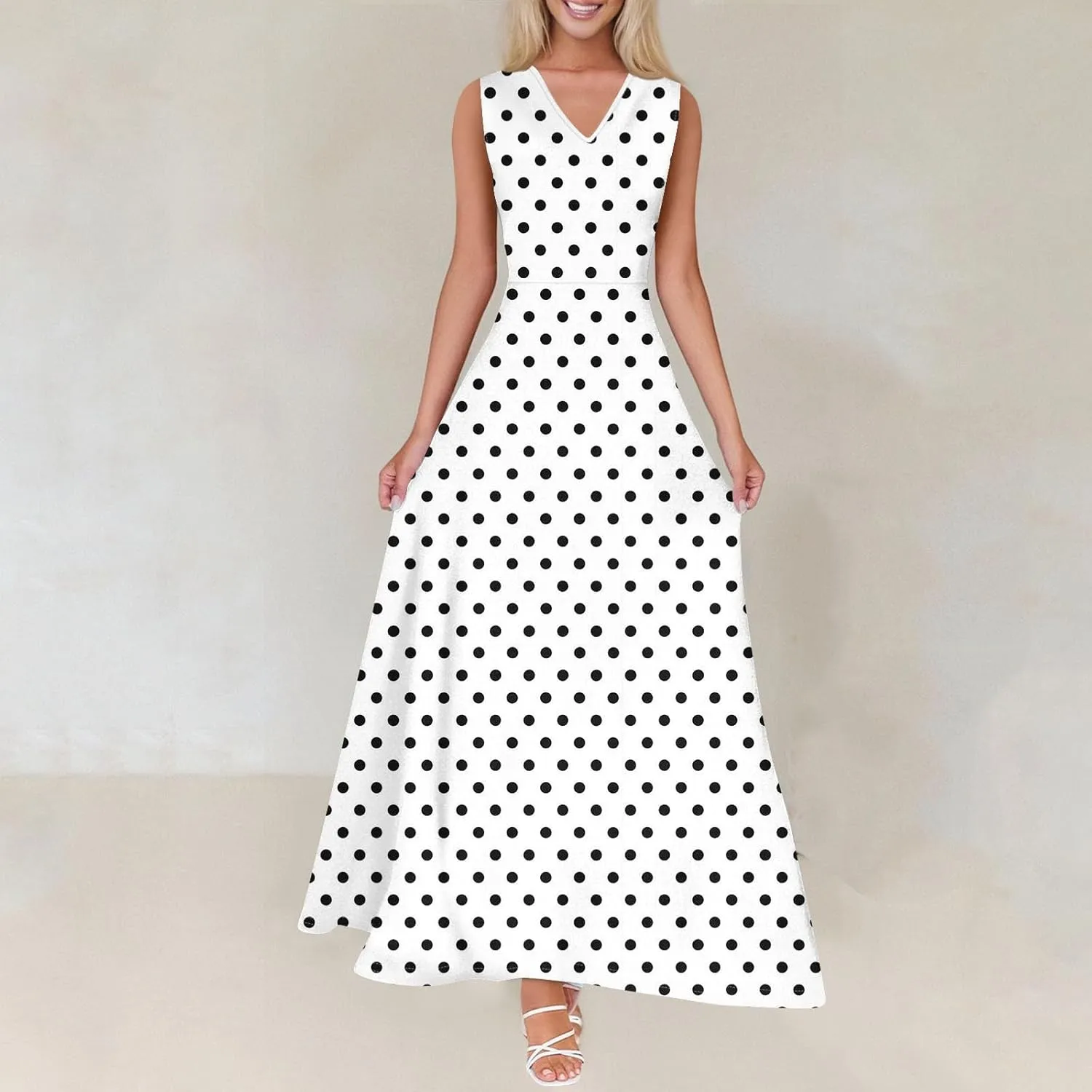 Polka Dot Dress for Women V Neck Sleeveless Aline Flowy Ruffle Long Sun Dress,S-2XL