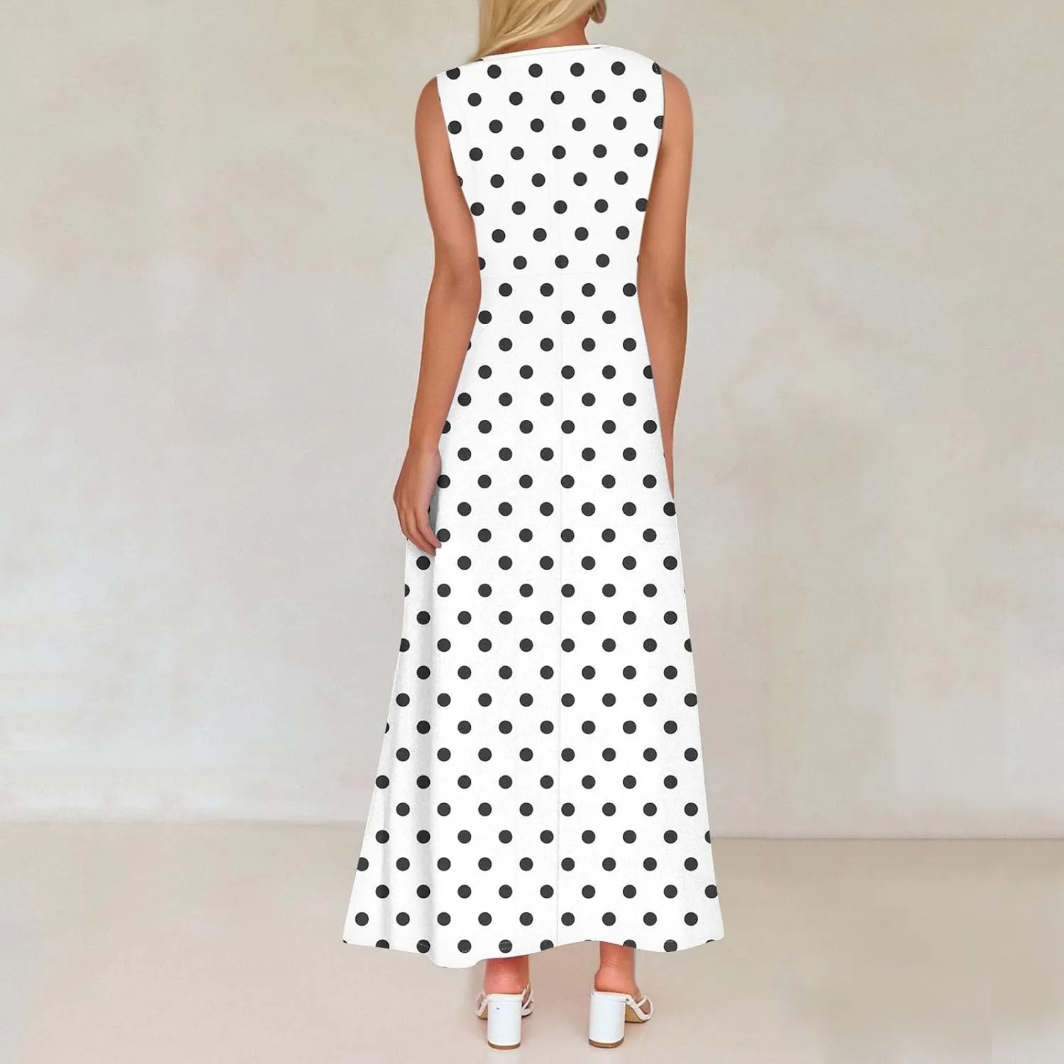 Polka Dot Dress for Women V Neck Sleeveless Aline Flowy Ruffle Long Sun Dress,S-2XL