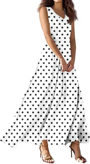 Polka Dot Dress for Women V Neck Sleeveless Aline Flowy Ruffle Long Sun Dress,S-2XL