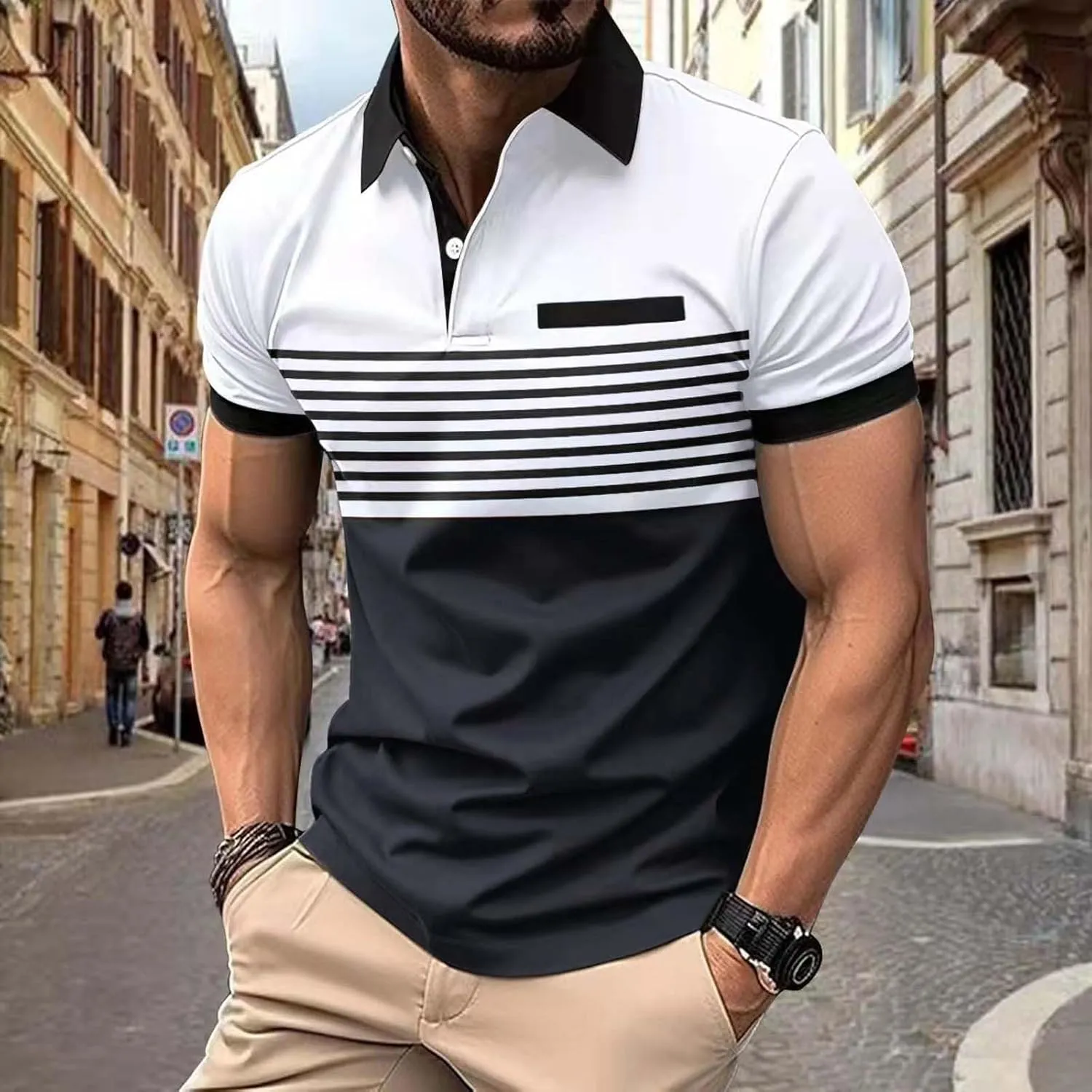 Polo Shirts for Men with Pocket Casual Collared Shirt Polos Classic Button Golf Shirt Loose Athletic Pullover