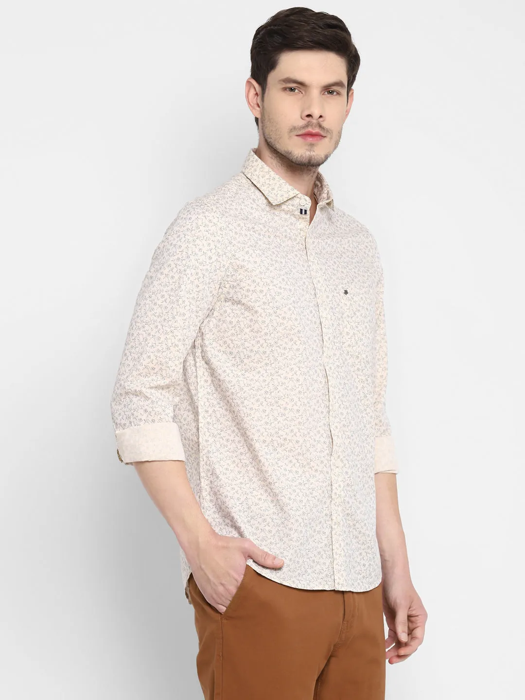 Printed Beige Slim Fit Causal Shirt