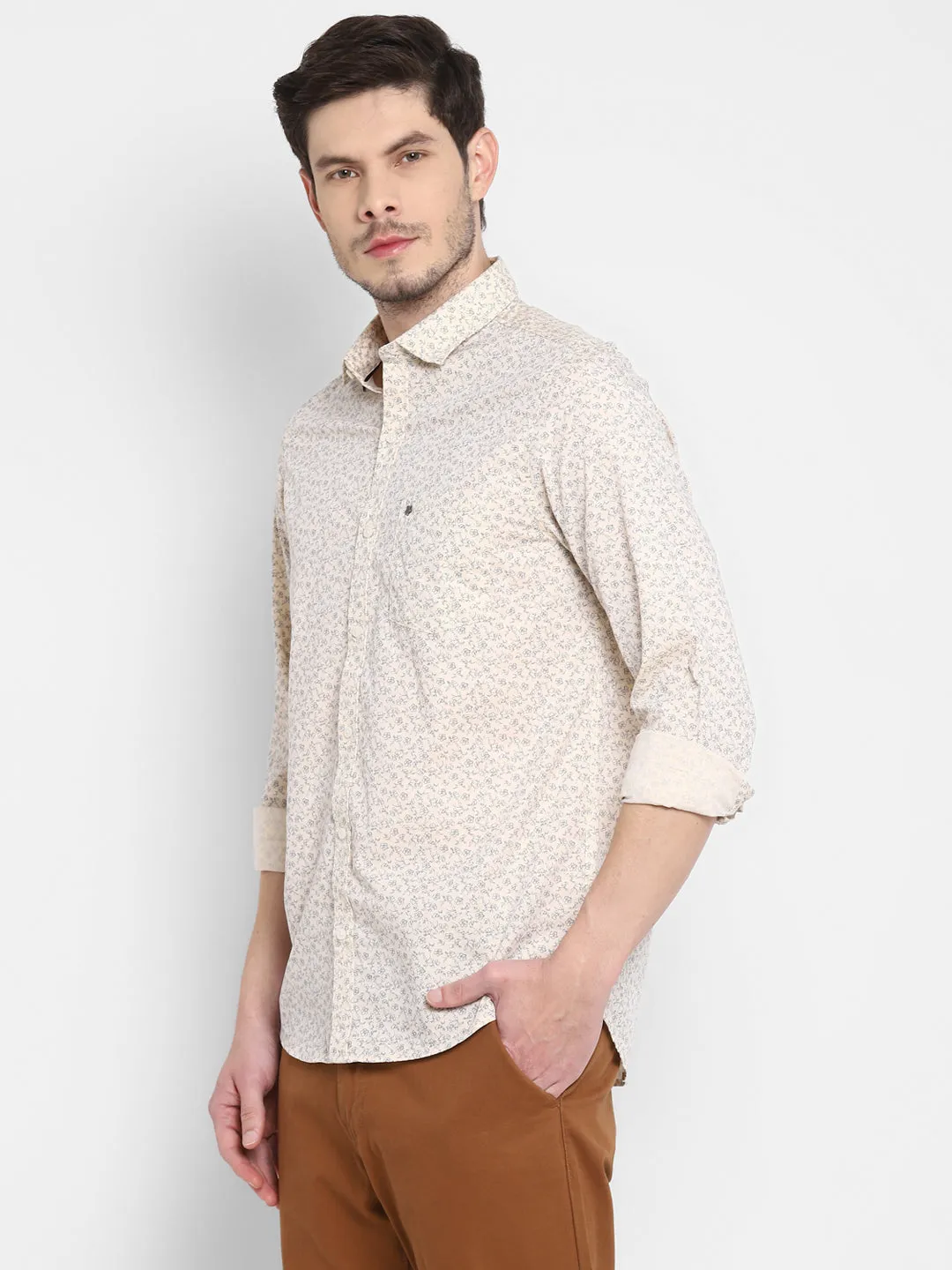 Printed Beige Slim Fit Causal Shirt