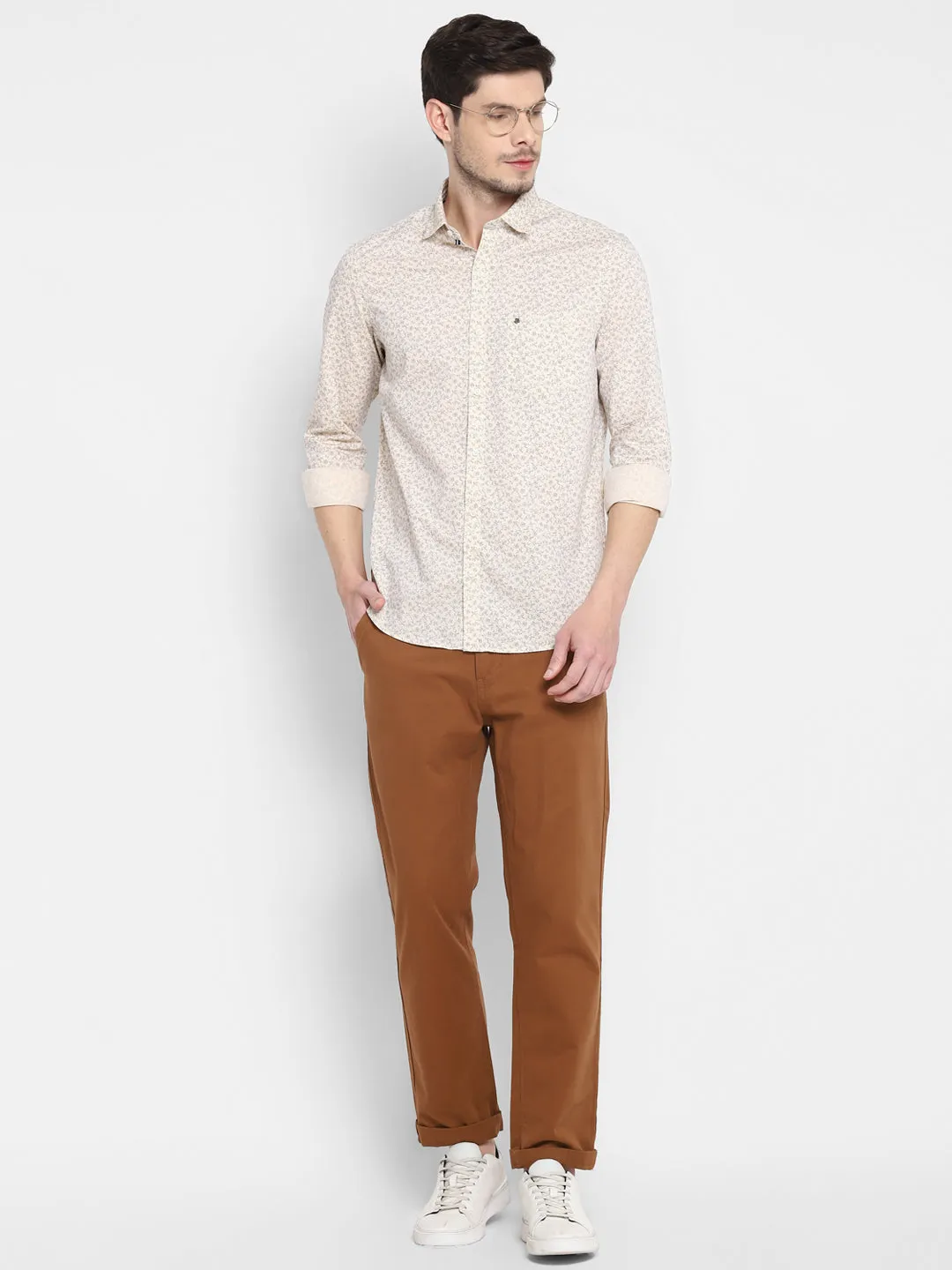 Printed Beige Slim Fit Causal Shirt