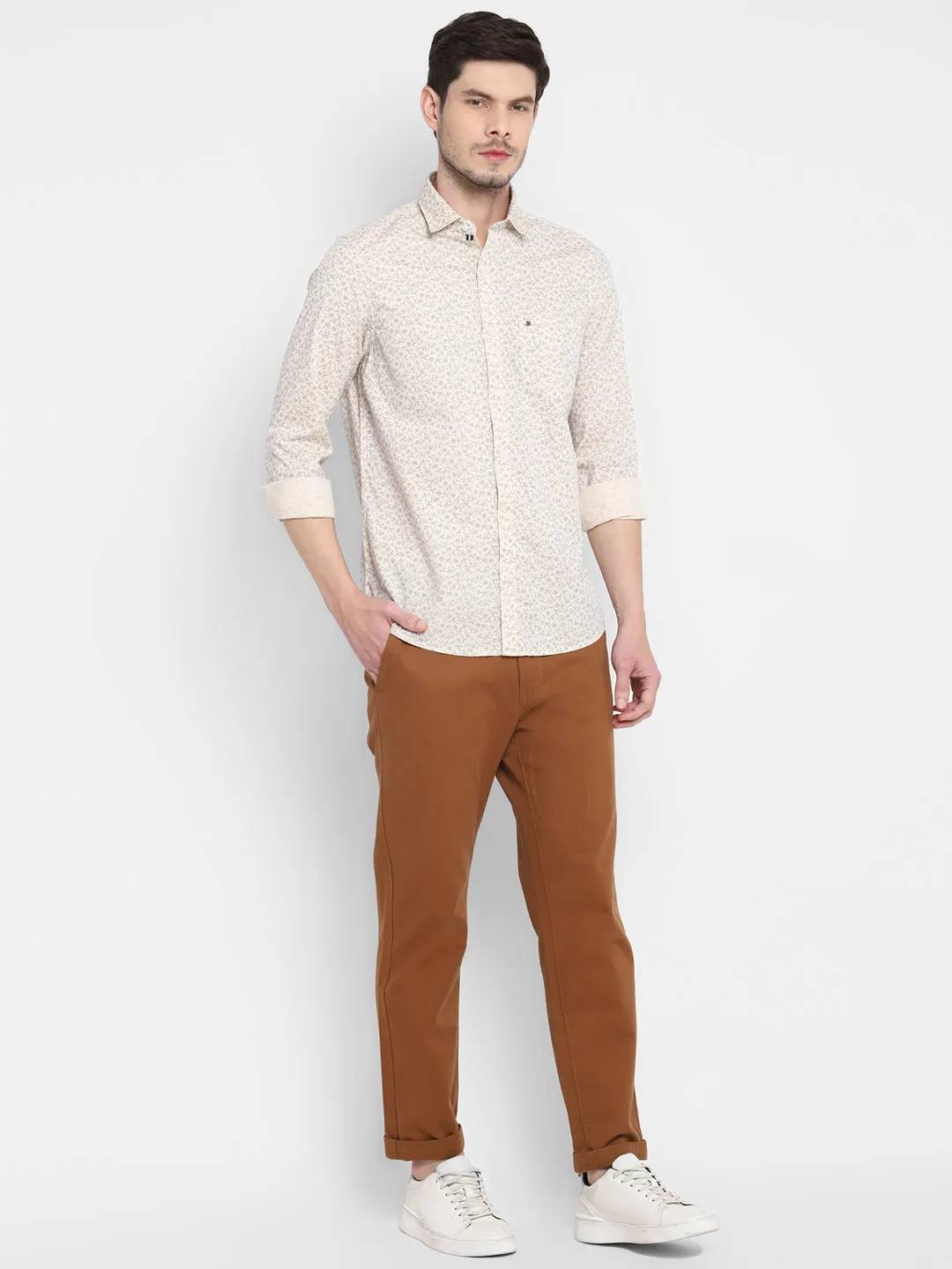 Printed Beige Slim Fit Causal Shirt