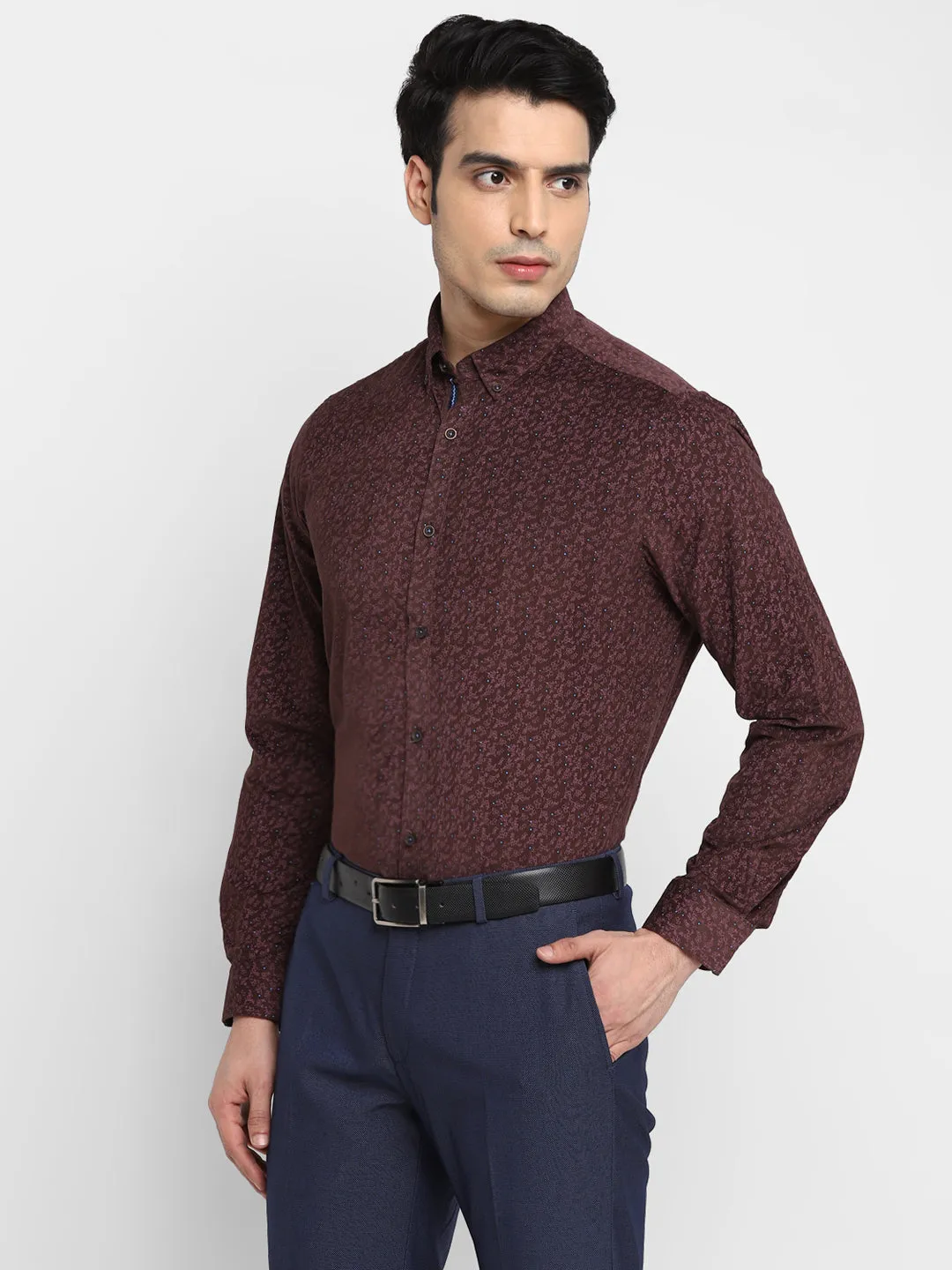 Printed Brown Slim Fit Formal Shirt