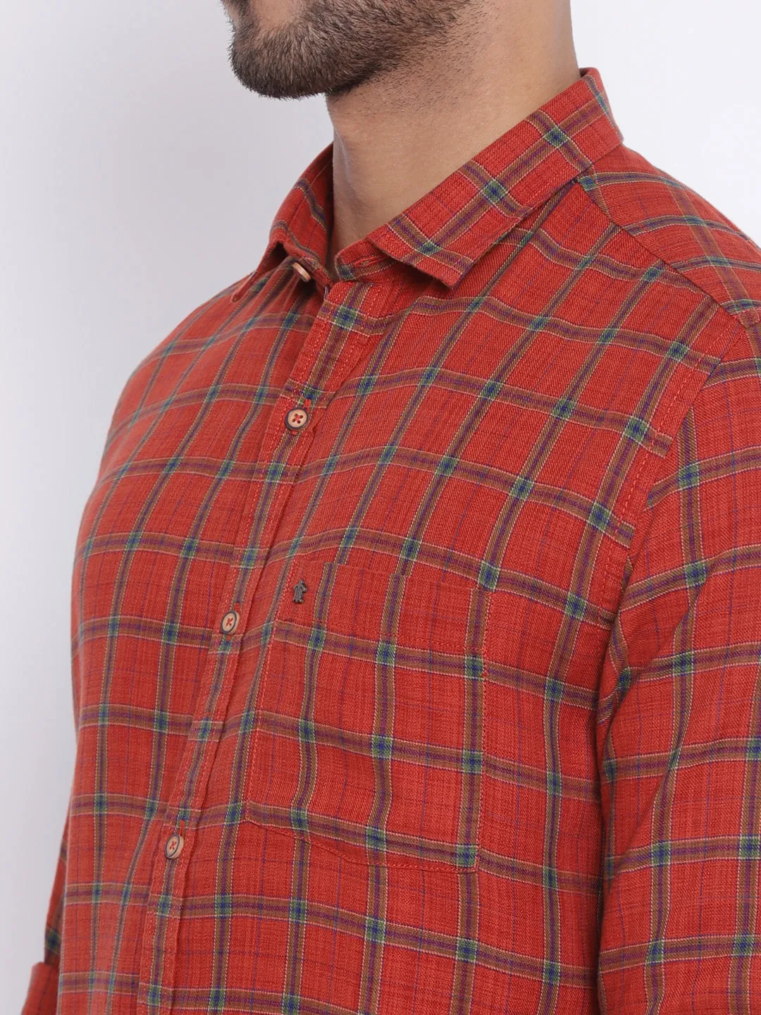 Red Cotton Checked Slim Fit Shirt