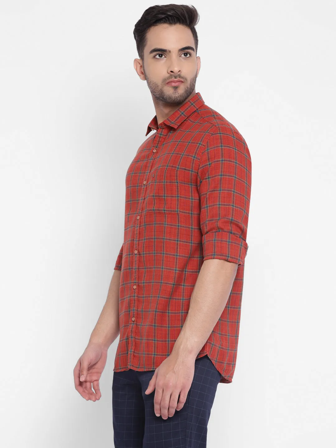 Red Cotton Checked Slim Fit Shirt