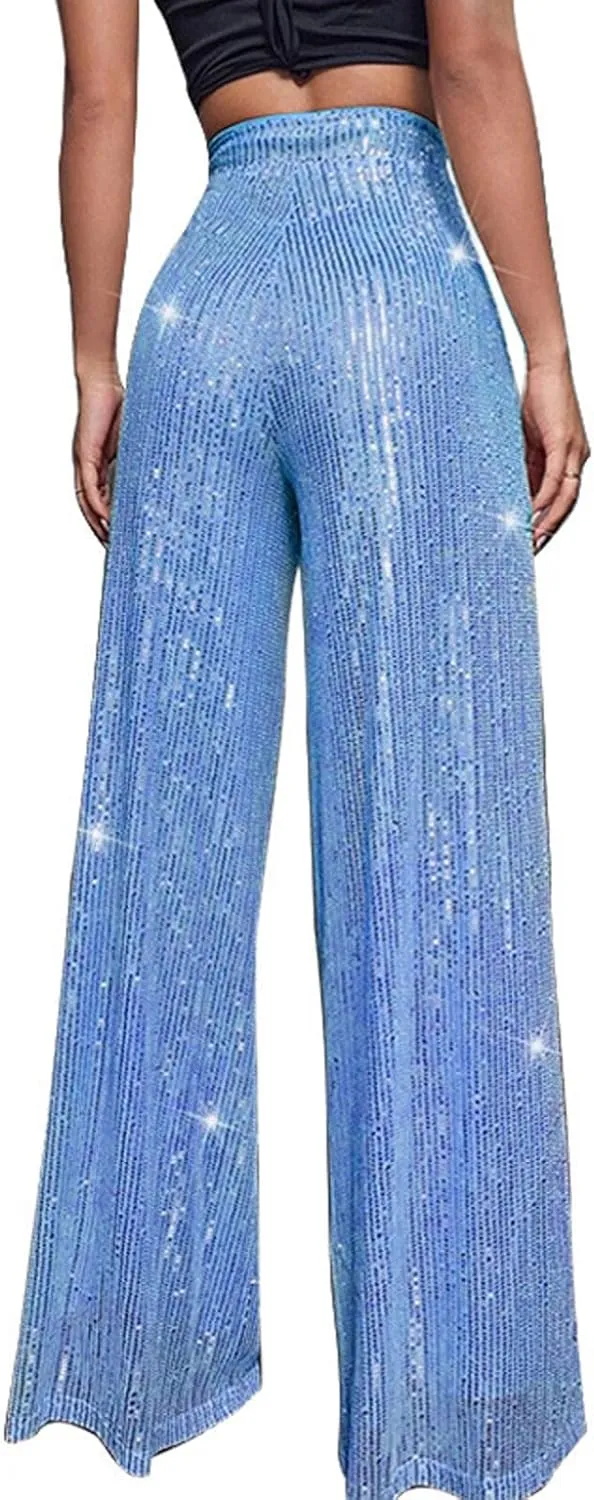 Sequin Pants Women Fashion High Waist Pant Sparkly Wide Leg Trousers Elastic Loose Side Zipper Shiny Pants