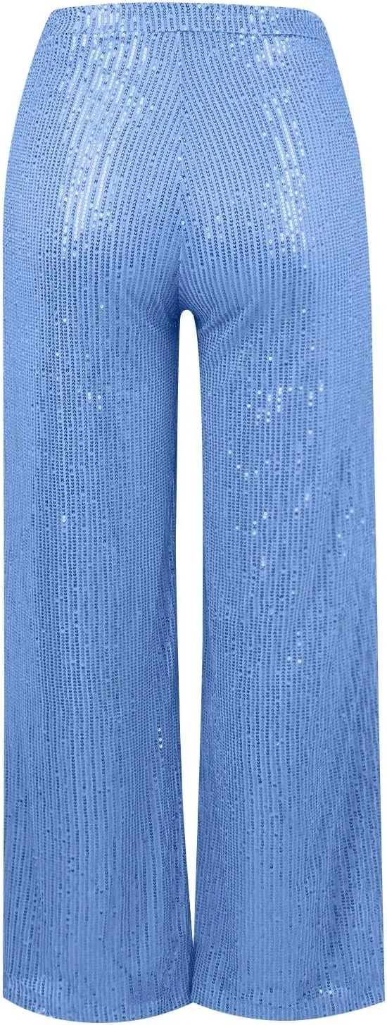 Sequin Pants Women Fashion High Waist Pant Sparkly Wide Leg Trousers Elastic Loose Side Zipper Shiny Pants
