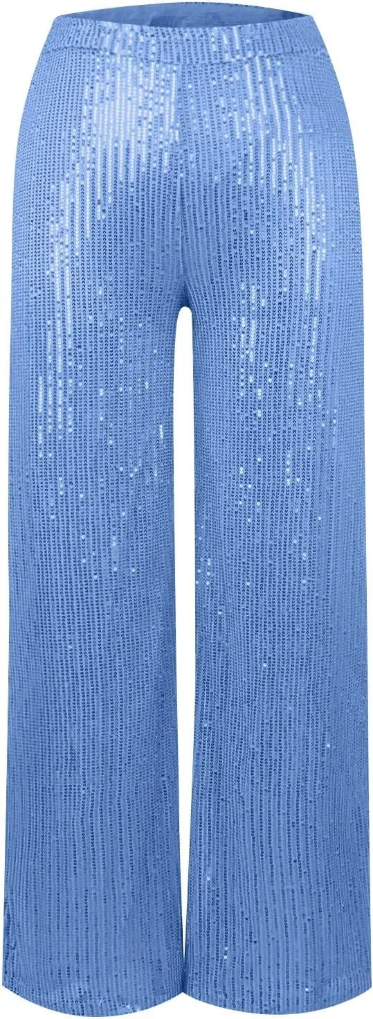 Sequin Pants Women Fashion High Waist Pant Sparkly Wide Leg Trousers Elastic Loose Side Zipper Shiny Pants