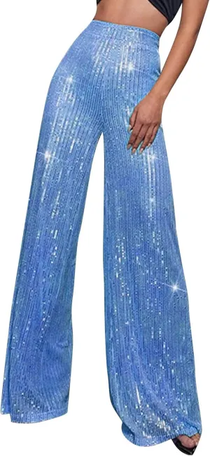 Sequin Pants Women Fashion High Waist Pant Sparkly Wide Leg Trousers Elastic Loose Side Zipper Shiny Pants