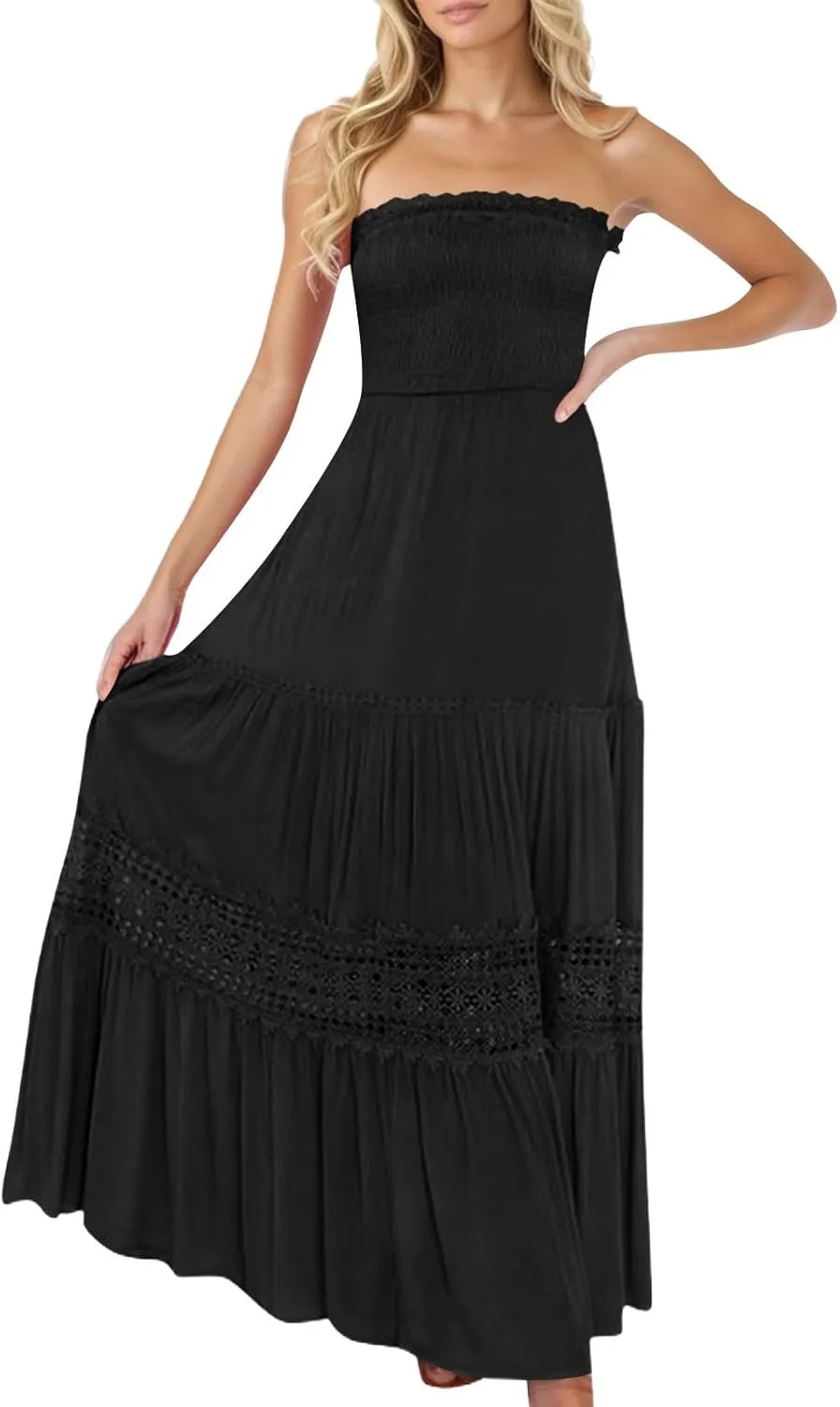 Strapless Dress for Women Summer Tube Corset High Waist Sheath Smocked Tiered Bohemian Long Beach Dresses, S-2Xl
