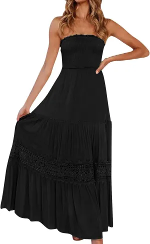 Strapless Dress for Women Summer Tube Corset High Waist Sheath Smocked Tiered Bohemian Long Beach Dresses, S-2Xl