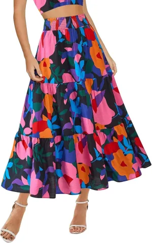 Summer Maxi Skirts for Women 2025 Vacation Boho Floral High Waisted Skirt Trendy Flowy Ruffle Tiered A Line Skirt