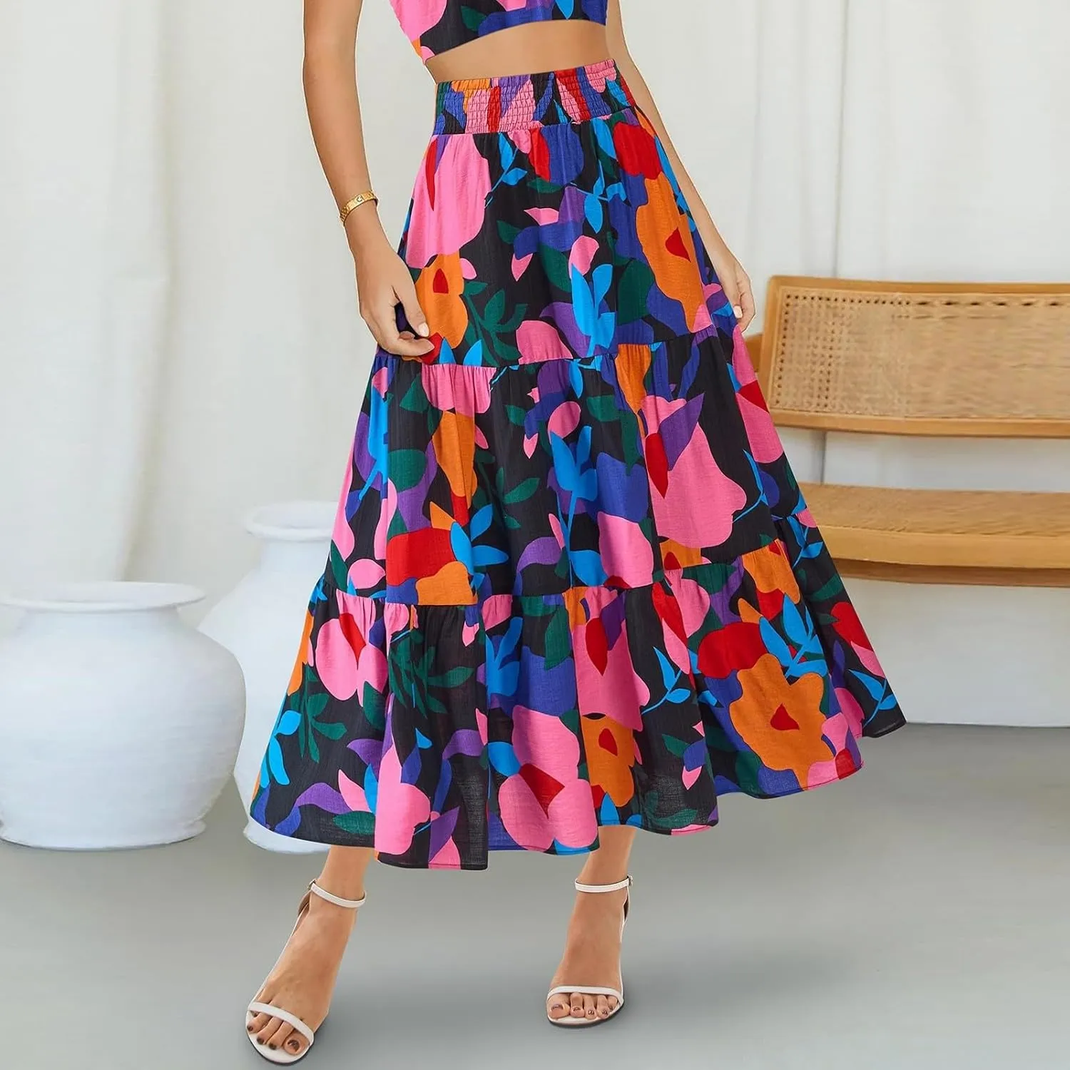 Summer Maxi Skirts for Women 2025 Vacation Boho Floral High Waisted Skirt Trendy Flowy Ruffle Tiered A Line Skirt