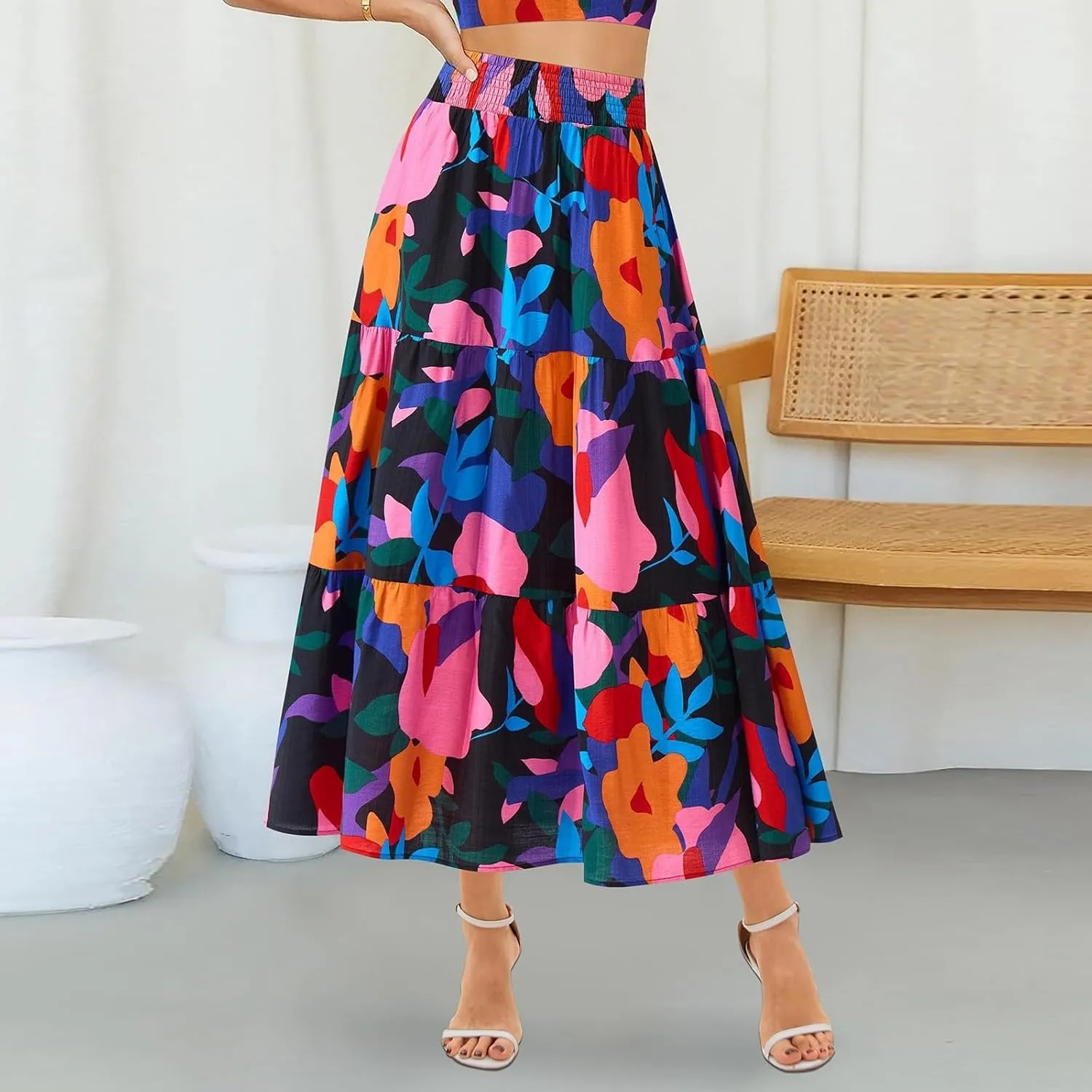 Summer Maxi Skirts for Women 2025 Vacation Boho Floral High Waisted Skirt Trendy Flowy Ruffle Tiered A Line Skirt