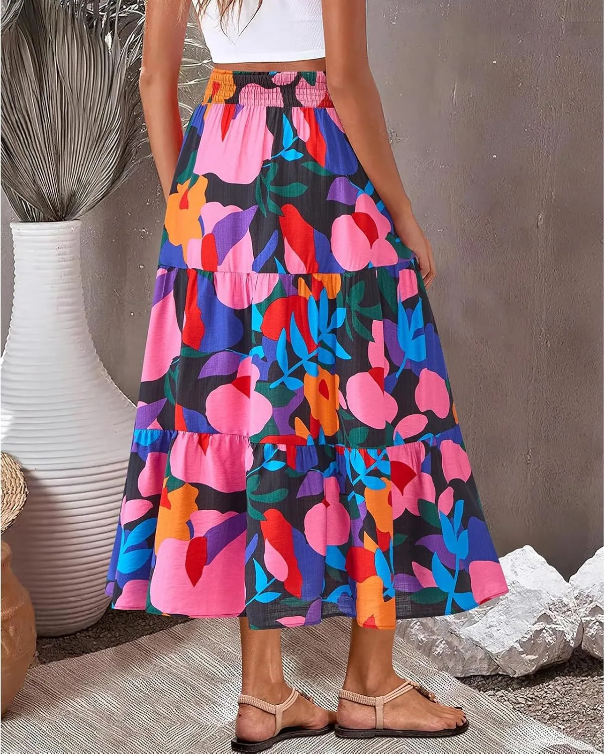 Summer Maxi Skirts for Women 2025 Vacation Boho Floral High Waisted Skirt Trendy Flowy Ruffle Tiered A Line Skirt