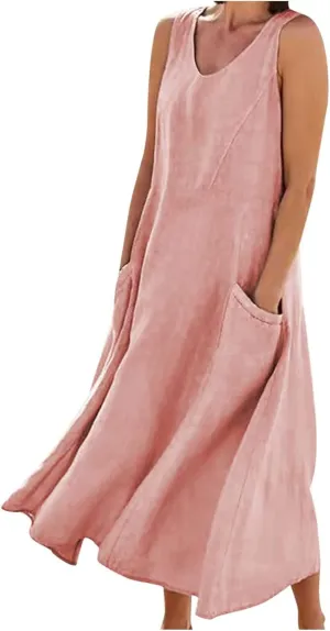 Tank Dresses for Womens Casual V Neck Sleeveless Cotton Linen Long Dress Flowy Beach Maxi Sundresses with Pockets