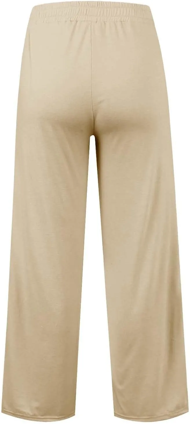 Teen Girls Straight Palazzo Pants Baggy Wide Leg Drawsting Elastic Waist Trousers Daily Casual Pants with Pockets