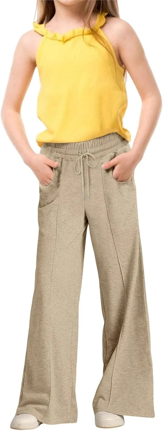 Teen Girls Straight Palazzo Pants Baggy Wide Leg Drawsting Elastic Waist Trousers Daily Casual Pants with Pockets
