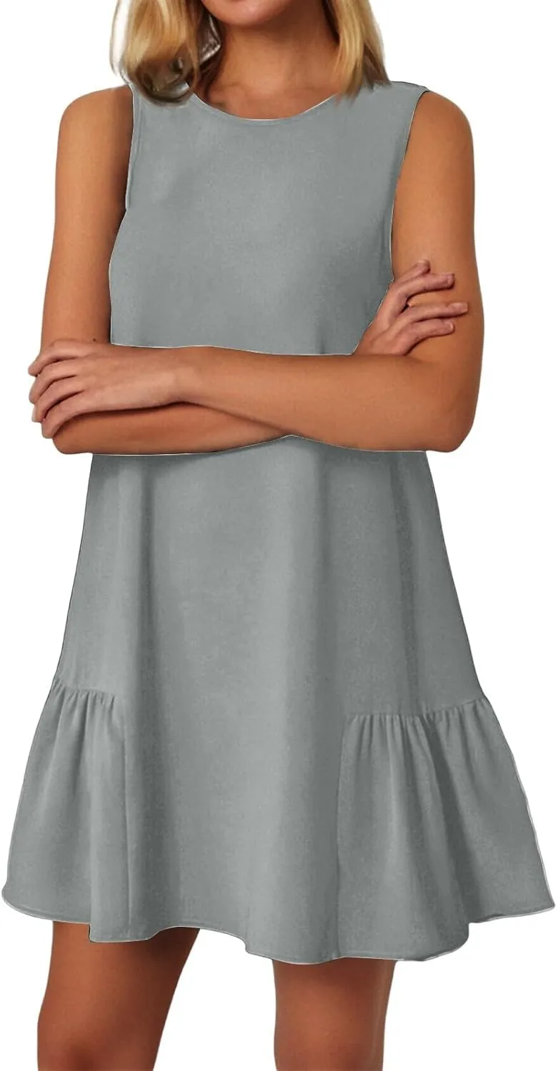 Tshirt Dress Women Summer Sleeveless Ruffle Hem Mini Dress Casual Crewneck T Shirt Dresses Plain Sundresses 2025