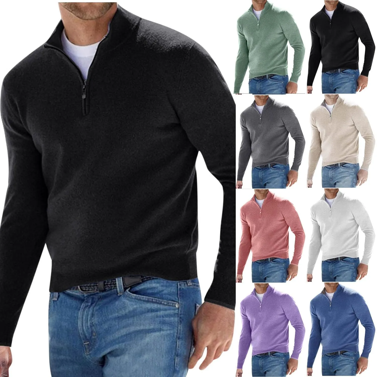Vifucz Sudadera cremallera hombre suter manga larga Color slido jersey tejido cuello levantado ropa deportiva transpirable