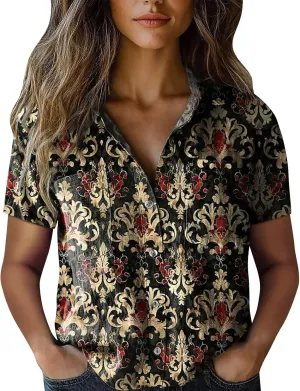 Vintage Boho Tops for Women Floral Print Shirt Casual Short Sleeve Button Up Blouses Short Sleeve Boho Shirts Tops