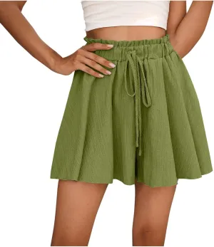 Womens Flowy Linen Shorts High Waist Wide Leg Beach Vacation Pants Cute Drawstring Boho Simple Palazzo Paperbag Shorts