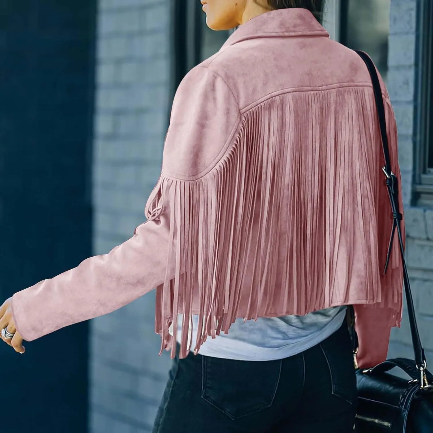 Women's Fringe Jacket Faux Suede Leather Jackets Fashion Tassel Moto Biker Cropped Coats Cardigan 70s Hippie Clothes