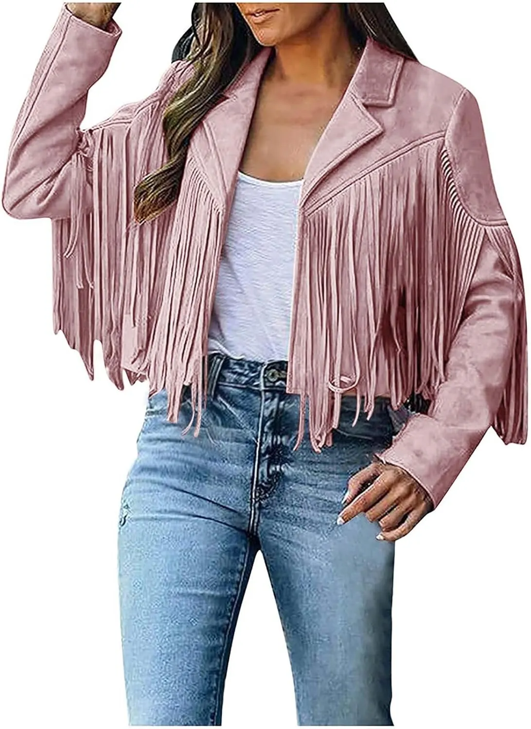 Women's Fringe Jacket Faux Suede Leather Jackets Fashion Tassel Moto Biker Cropped Coats Cardigan 70s Hippie Clothes