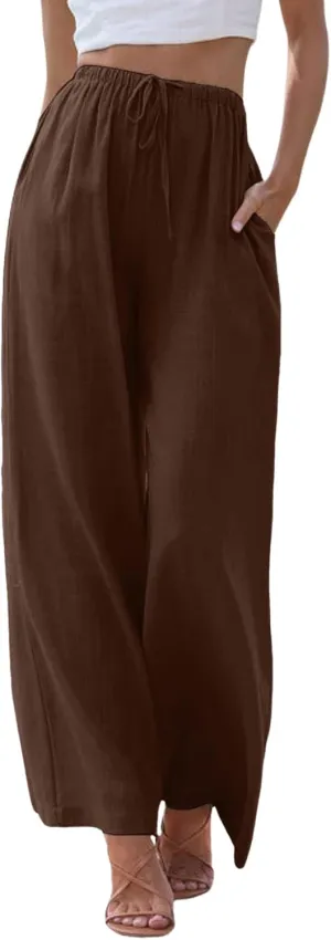 Women's Linen Summer Palazzo Pants Flowy Cotton Drawstring Trousers Vacation Wide Leg Beach Pants with Pockets
