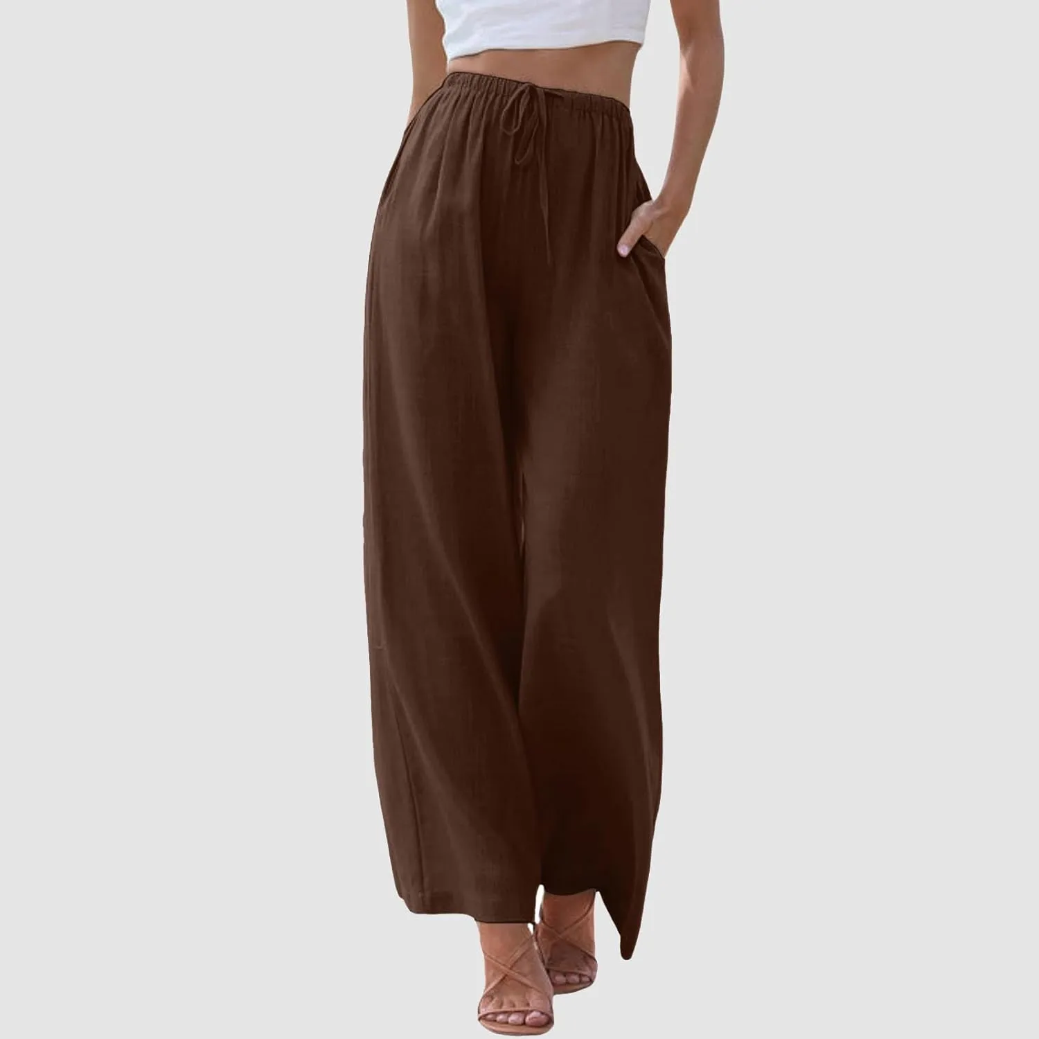 Women's Linen Summer Palazzo Pants Flowy Cotton Drawstring Trousers Vacation Wide Leg Beach Pants with Pockets