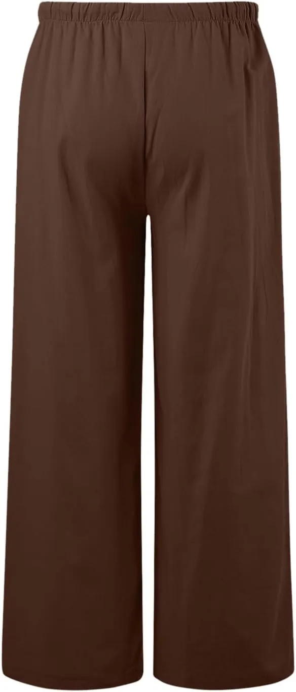 Women's Linen Summer Palazzo Pants Flowy Cotton Drawstring Trousers Vacation Wide Leg Beach Pants with Pockets