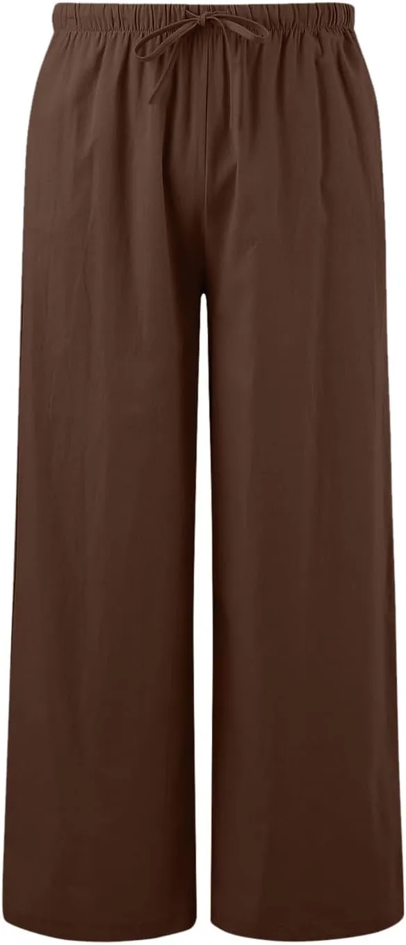 Women's Linen Summer Palazzo Pants Flowy Cotton Drawstring Trousers Vacation Wide Leg Beach Pants with Pockets