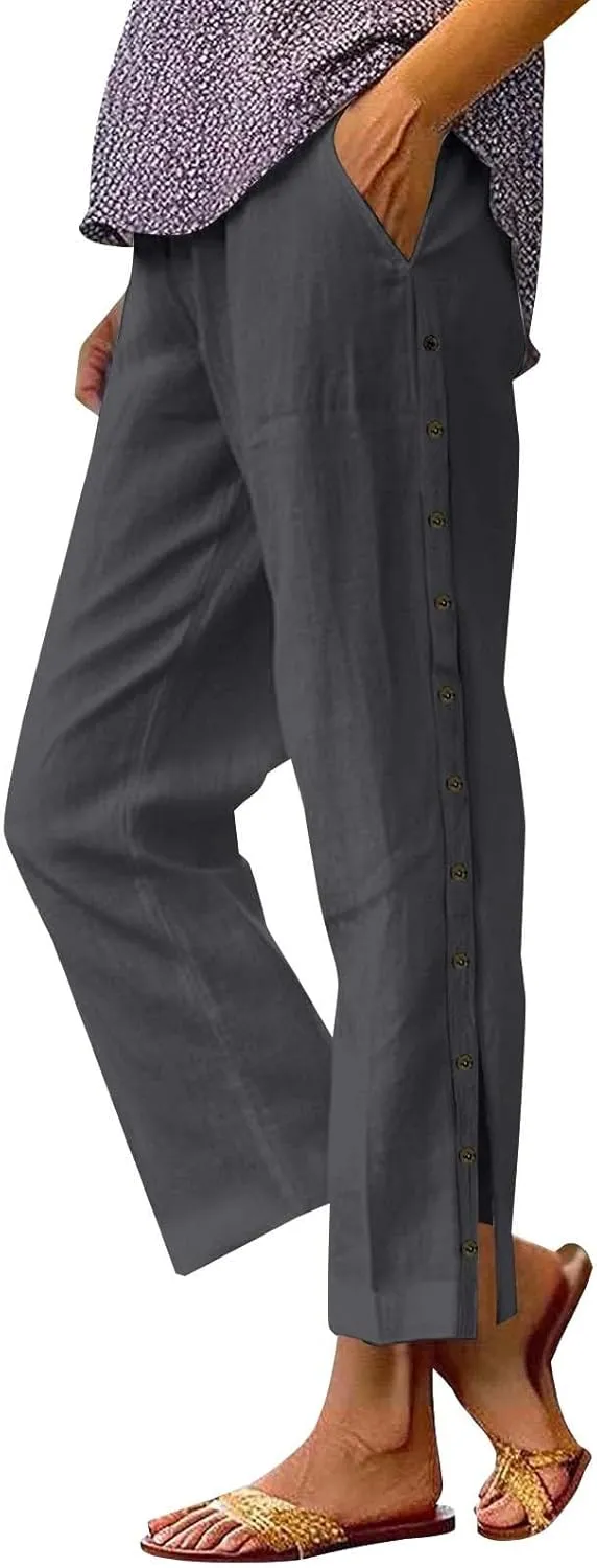 Womens Linen Work Pants 2025 High Waist Straight Leg Lounge Side-Button Pant Casual Lightweight Beach Trousers