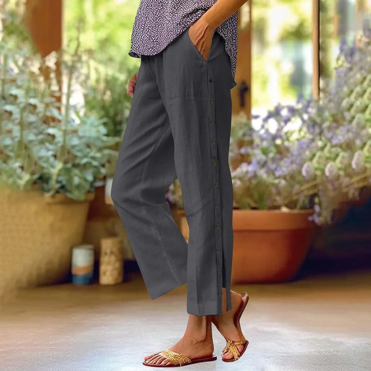 Womens Linen Work Pants 2025 High Waist Straight Leg Lounge Side-Button Pant Casual Lightweight Beach Trousers