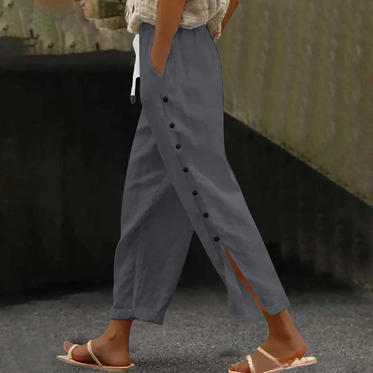 Womens Linen Work Pants 2025 High Waist Straight Leg Lounge Side-Button Pant Casual Lightweight Beach Trousers