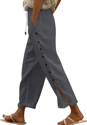Womens Linen Work Pants 2025 High Waist Straight Leg Lounge Side-Button Pant Casual Lightweight Beach Trousers