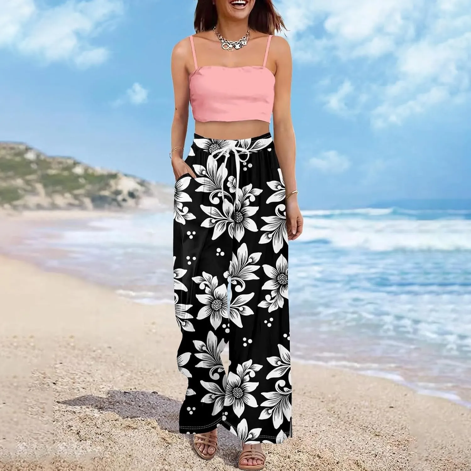 Womens Palazzo Pants Summer Boho Wide Leg Trousers Petite Casual High Waist Flowy Pant 2025 Beach Vacation Outfits